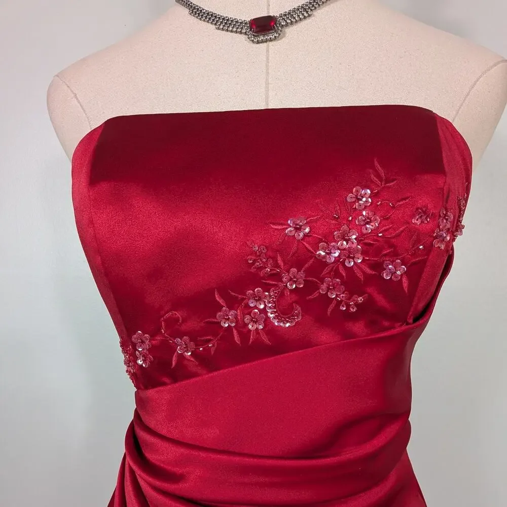 Y2K Prom Dress Maxi Gown 4 Red Glam Princess Strapless Classic Beaded A-Line
